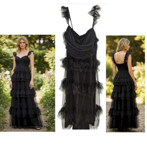 Pure Radiance Black Mesh Swiss Dot Tiered Maxi Dress by Lulus Size 1X New NWT - Picture 7 of 9
